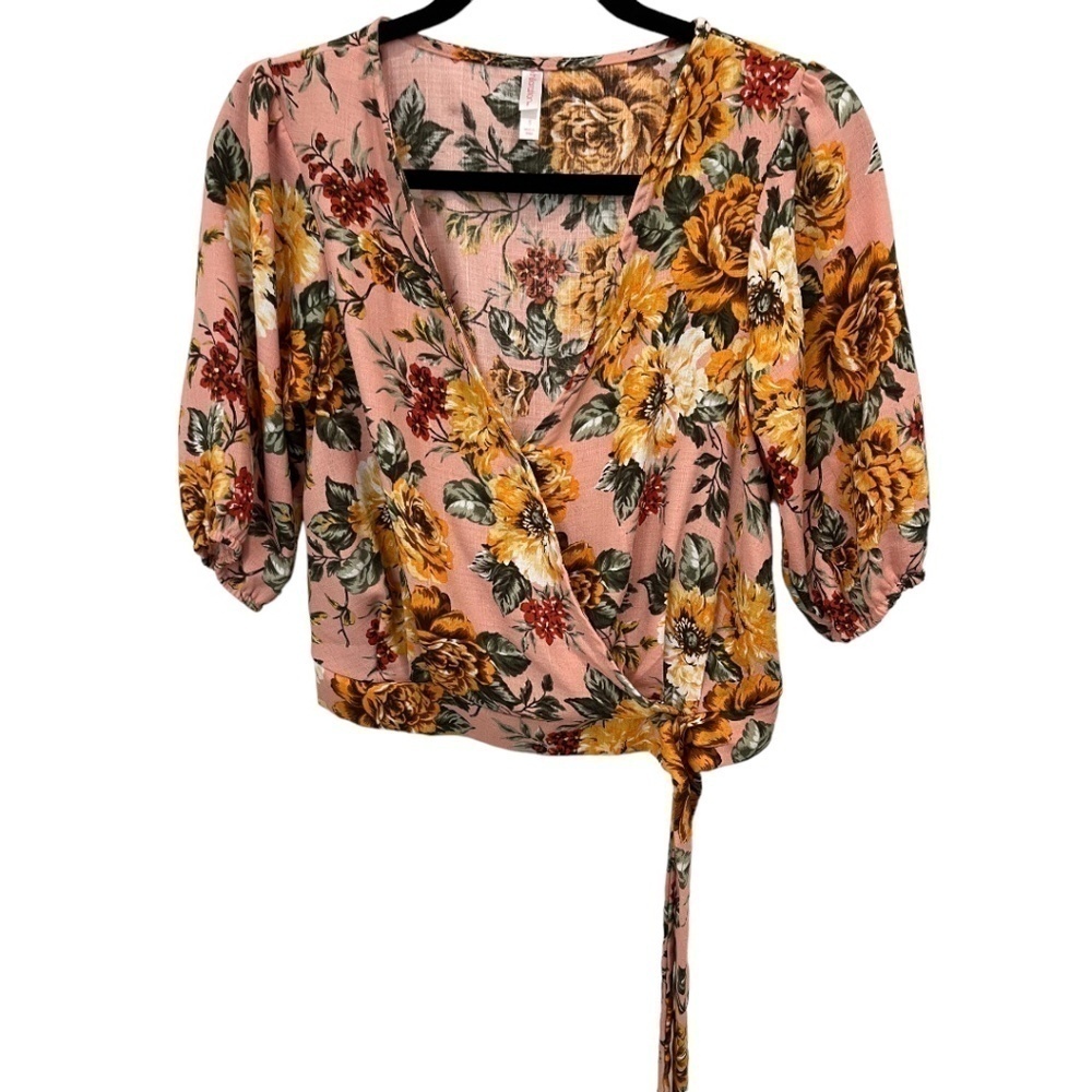 XHILARATION Floral Faux Wrap 3/4 Balloon Sleeve Tie Waist Top Size Small